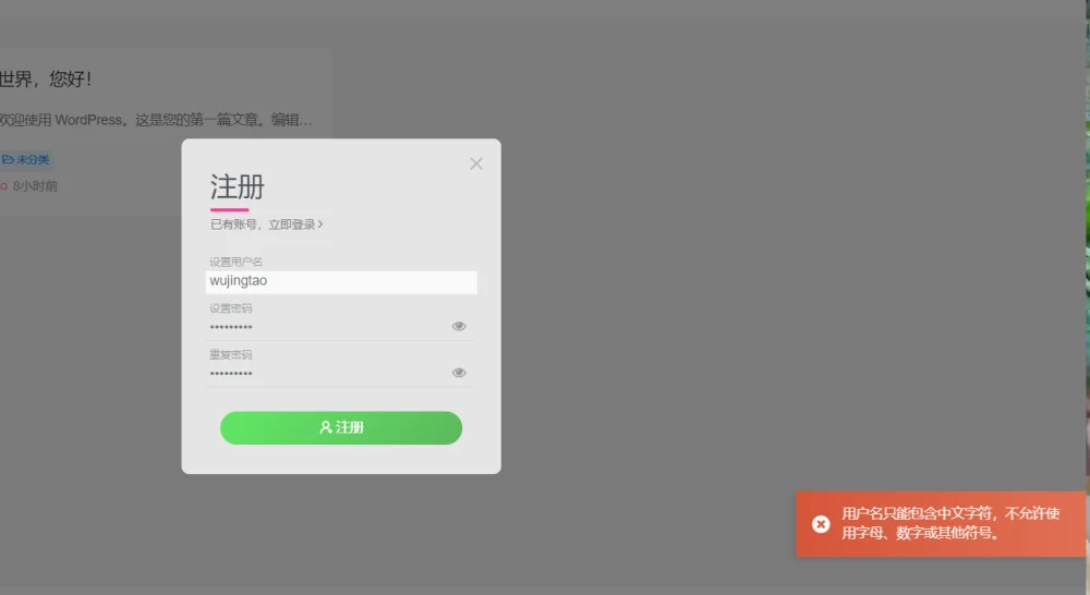 WordPress插件 - 注册只能中文字符-诺言资源网